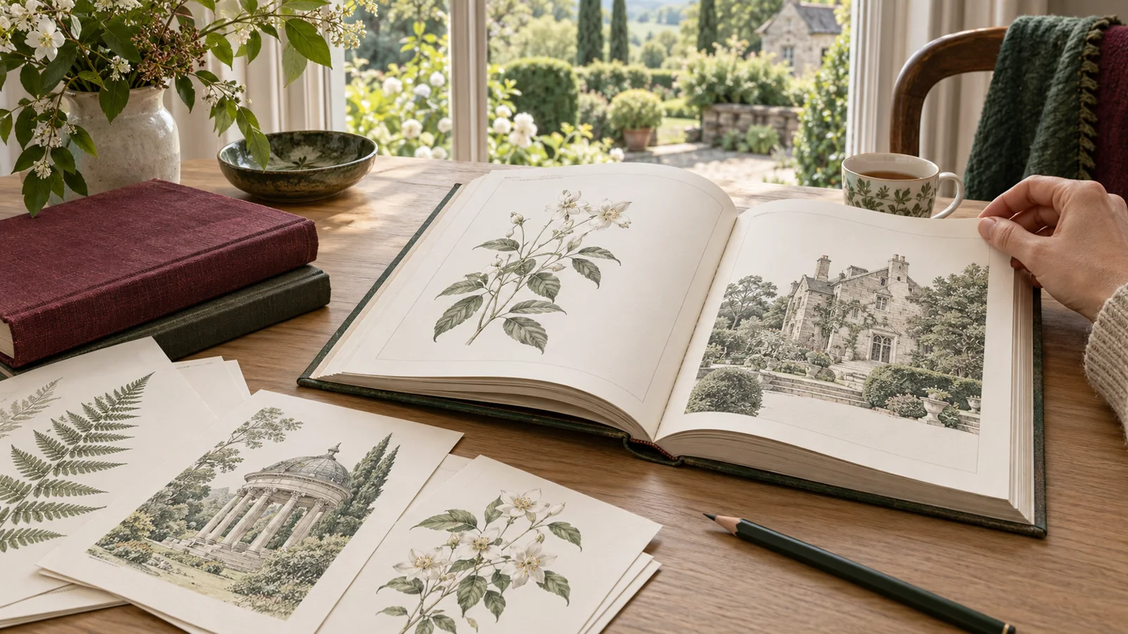 Раскрытая книга и печатные листы на светлом столе у сада.