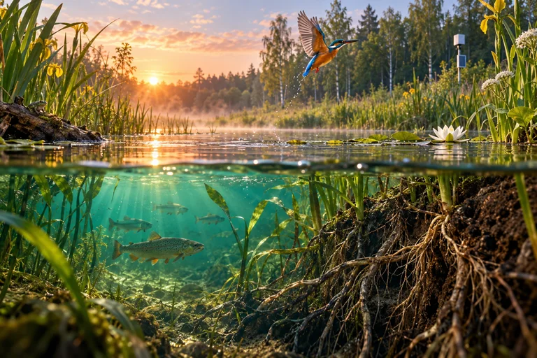 Речная экосистема над и под водой: птица, рыбы и корни растений